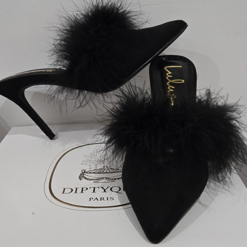 Lulu's Black Marabou Trim Pointed-Toe Mule Heels